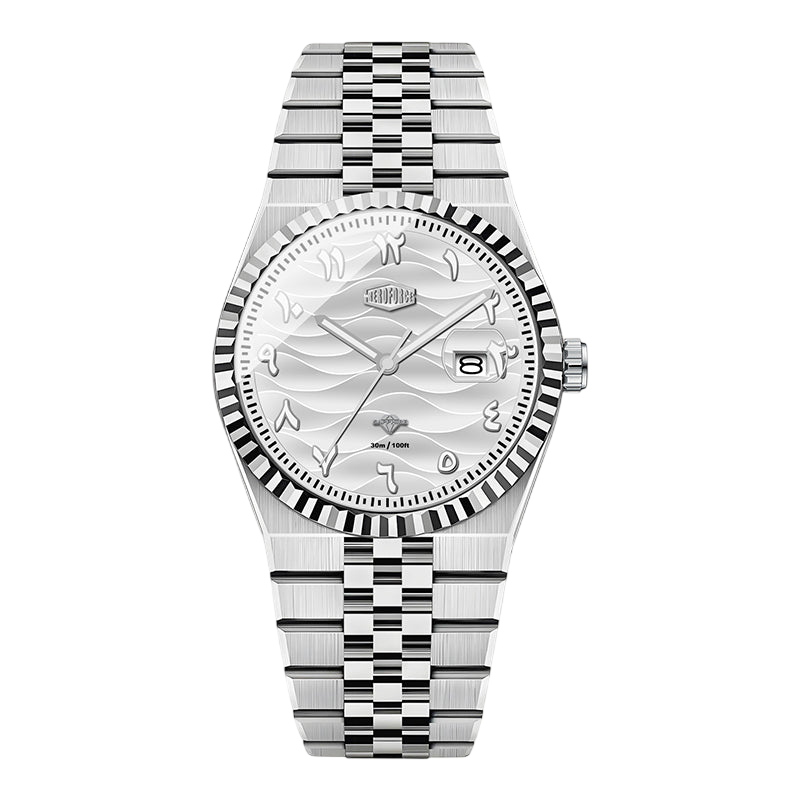 Silver watch with a detailed face on a white background