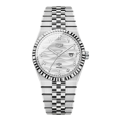 Silver watch with a detailed face on a white background
