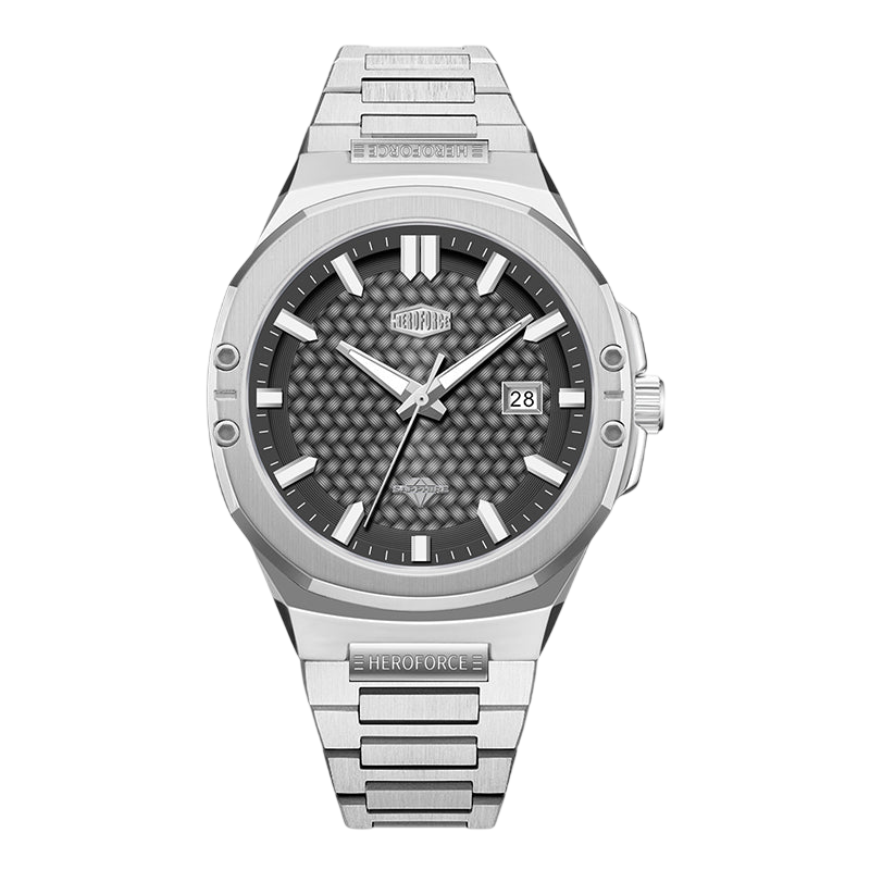Silver watch with a dark face on a white background