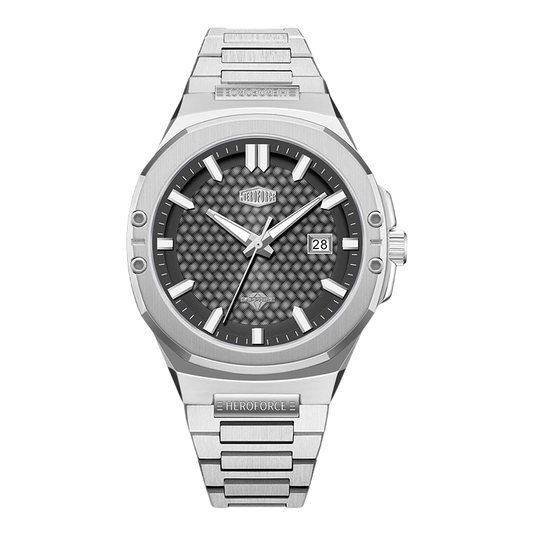 Silver watch with a dark face on a white background
