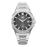 Silver watch with a dark face on a white background