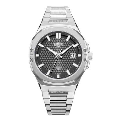 Silver watch with a dark face on a white background