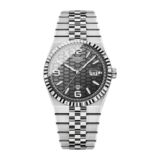 Silver watch with a detailed face on a white background