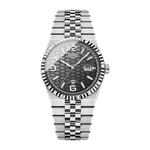 Silver watch with a detailed face on a white background