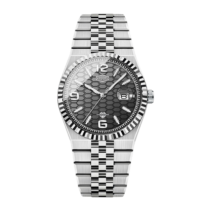 Silver watch with a detailed face on a white background