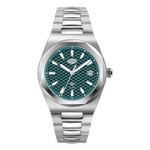 Silver watch with a green textured face on a white background