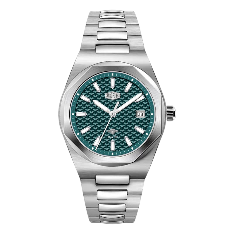 Silver watch with a green textured face on a white background