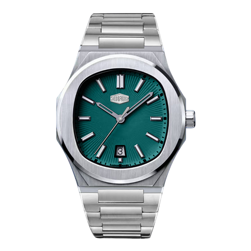 Silver watch with a teal face on a transparent background