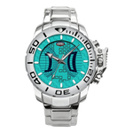 Silver watch with a turquoise face on a transparent background
