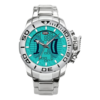 Silver watch with a turquoise face on a transparent background