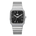 Silver watch with black face on a white background