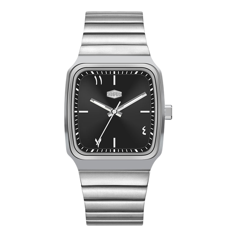 Silver watch with black face on a white background