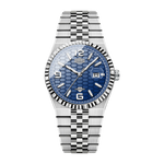 Silver watch with blue face on a white background