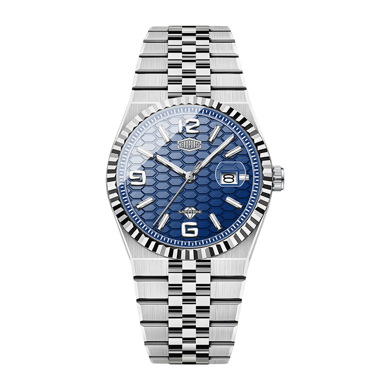 Silver watch with blue face on a white background