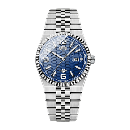 Silver watch with blue face on a white background