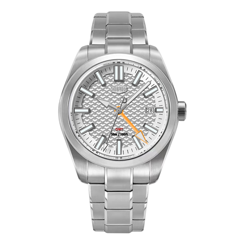 front view, silver dial, orange GMT