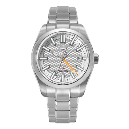 Silver wristwatch with a white face on a white background