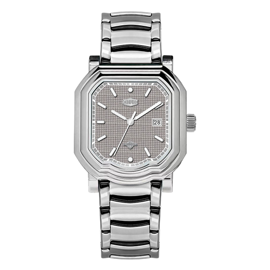 Silver wristwatch with octagonal rectangular case, metallic bracelet, gray textured dial, silver markers, and date window showing “28.”