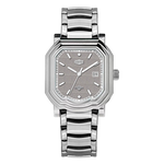 Silver wristwatch with octagonal rectangular case, metallic bracelet, gray textured dial, silver markers, and date window showing “28.”