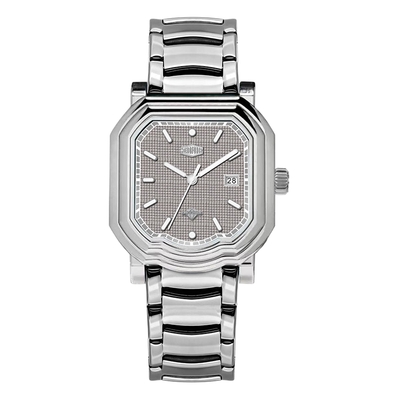 Silver wristwatch with octagonal rectangular case, metallic bracelet, gray textured dial, silver markers, and date window showing “28.”