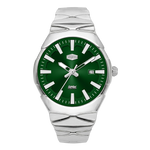 Spring Power watch with a silver stainless steel case and integrated bracelet, featuring a vibrant green dial with silver-tone indices and hands.