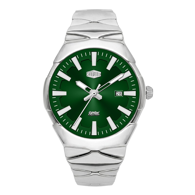 Spring Power watch with a silver stainless steel case and integrated bracelet, featuring a vibrant green dial with silver-tone indices and hands.