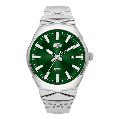 Spring Power watch with a silver stainless steel case and integrated bracelet, featuring a vibrant green dial with silver-tone indices and hands.