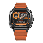 Square wristwatch with black case, orange accents, orange strap, and hybrid analog-digital display.