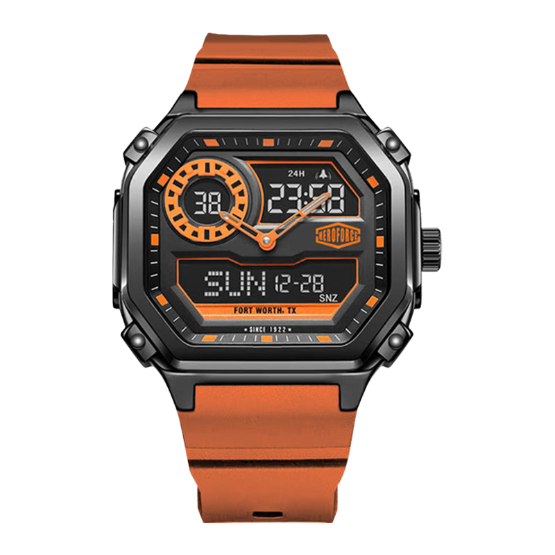 Square wristwatch with black case, orange accents, orange strap, and hybrid analog-digital display.