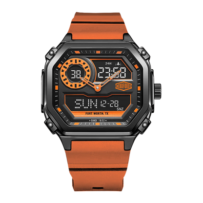 Square wristwatch with black case, orange accents, orange strap, and hybrid analog-digital display.
