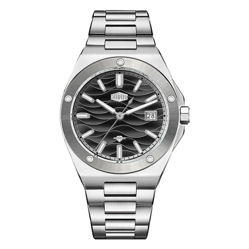 Stainless steel wristwatch with a black wave patterned dial and date display.
