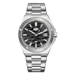 Stainless steel wristwatch with a black wave patterned dial and date display.
