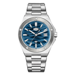 Stainless steel wristwatch with a blue wave patterned dial and date display.