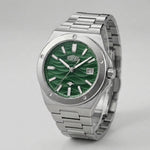 Stainless steel wristwatch with a green wave patterned - refined, elegant, polished, premium