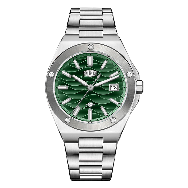 Stainless steel wristwatch with a green wave patterned dial and date display.
