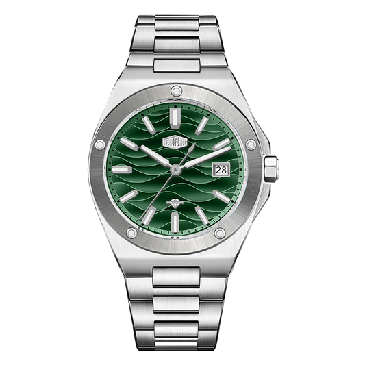 Stainless steel wristwatch with a green wave patterned dial and date display.