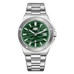 Stainless steel wristwatch with a green wave patterned dial and date display.
