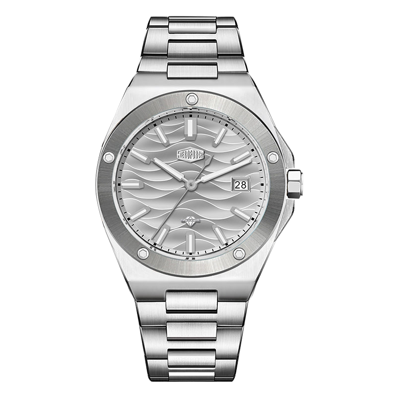 front silver wavy dial watch