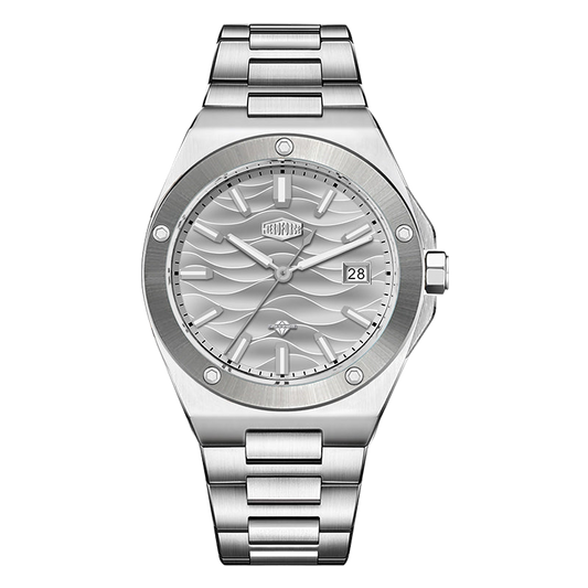 front silver wavy dial watch