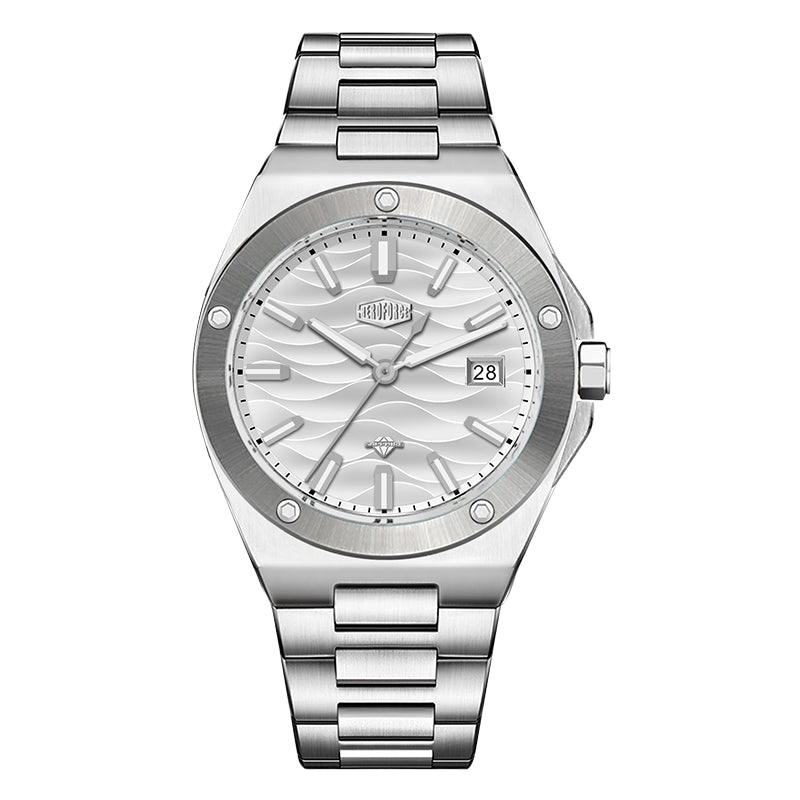 silver wave pattern dial