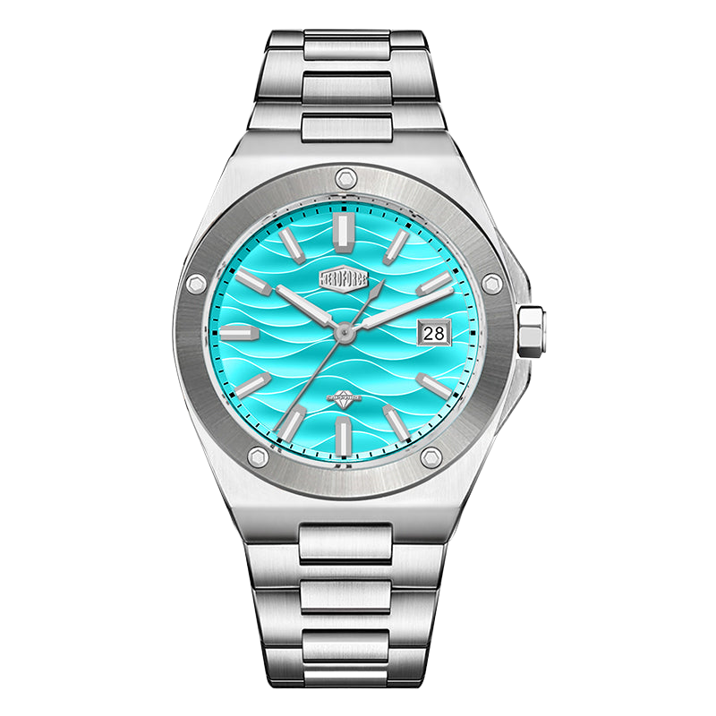 Stainless steel wristwatch with a turquoise wave patterned dial and date display.