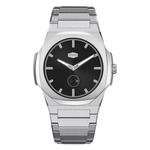 Stainless steel wristwatch with black dial, silver markers, small seconds subdial 