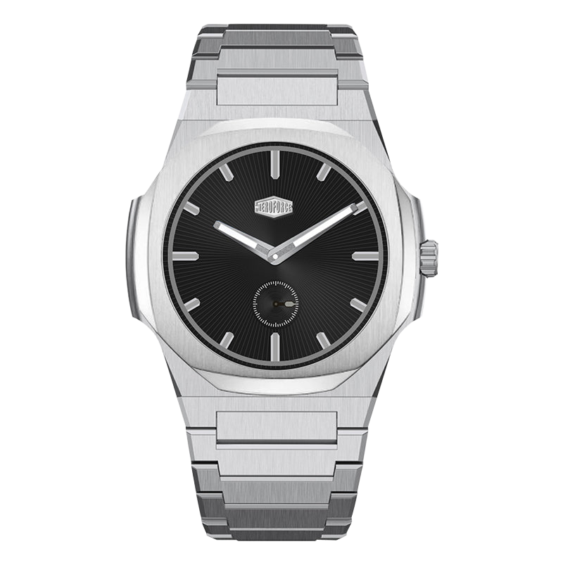 Stainless steel wristwatch with black dial, silver markers, small seconds subdial 