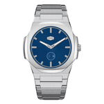 Stainless steel wristwatch with blue dial, silver markers, small seconds subdial 