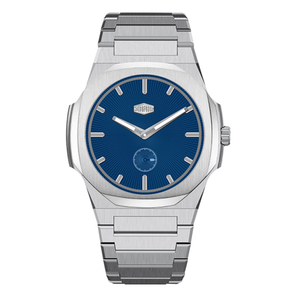 Stainless steel wristwatch with blue dial, silver markers, small seconds subdial 