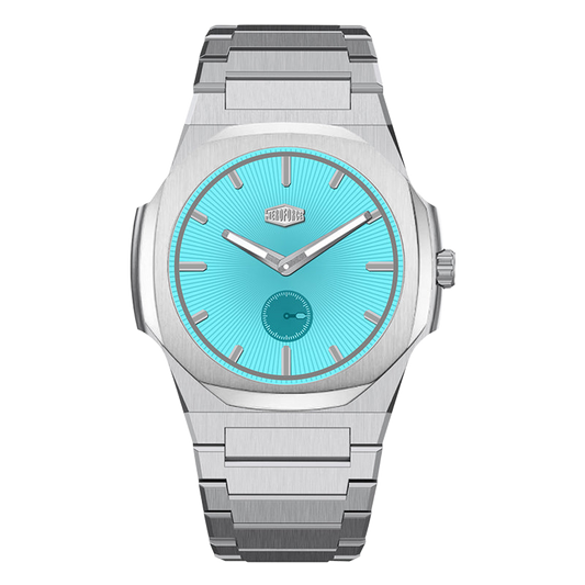Stainless steel wristwatch with turquoise sunburst dial, silver markers, and small seconds subdial