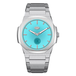 Stainless steel wristwatch with turquoise sunburst dial, silver markers, and small seconds subdial