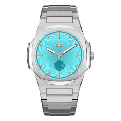 Stainless steel wristwatch with turquoise sunburst dial, silver markers, and small seconds subdial