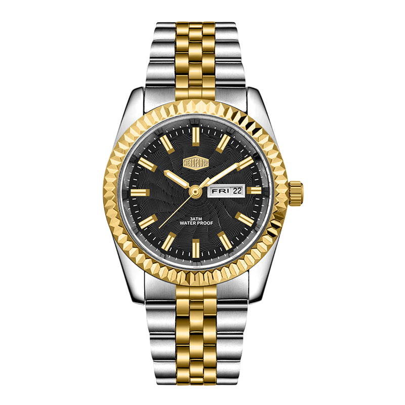 silver steel black dial