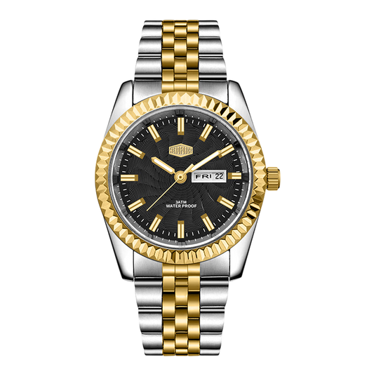 silver steel black dial